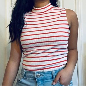 ELLE Red White Striped Ribbed Mock Neck Tank Top